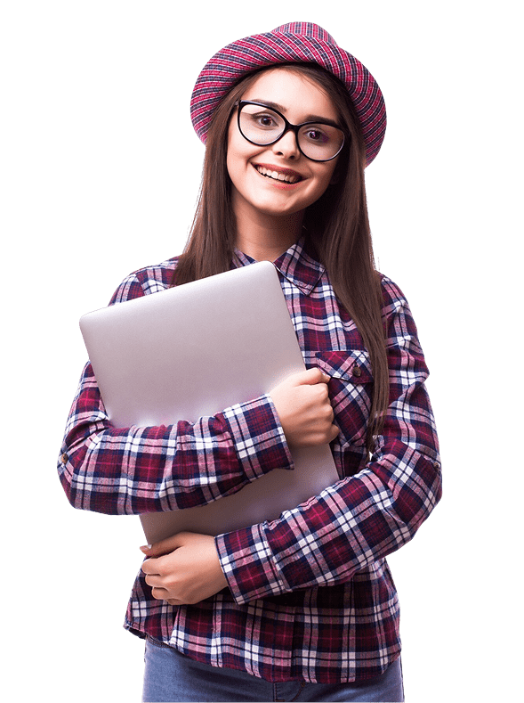 Happy student holding laptop